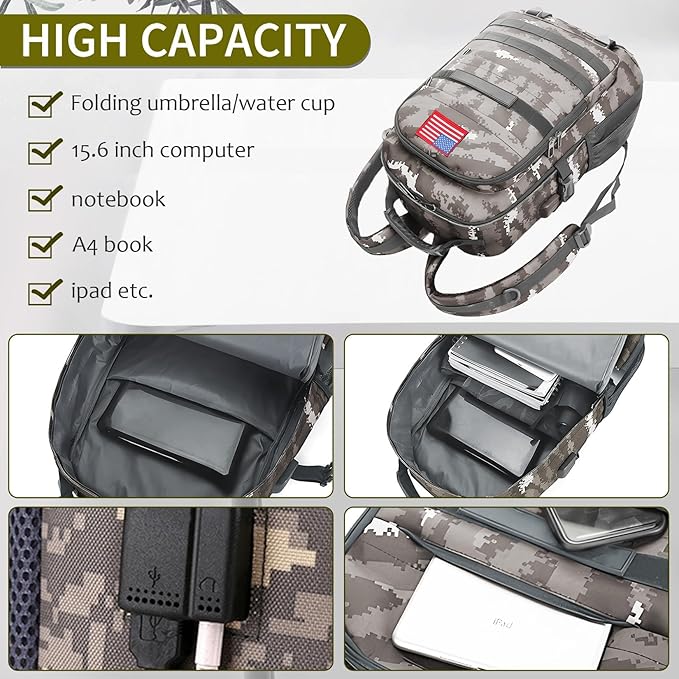 School Backpack for Boys - Camouflage Boys Backpack for Kids Teens Elementary Middle School - 4pcs Camo Students Bookbag with Lunch Box and Pencil Case & Key-chain,18″ Bookbag with Usb Charging Port
