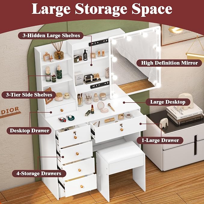 Vanity Desk with Sliding Mirror and Lights, Small Makeup Vanity Table Set with Chair and Drawers, White Vanity with Lighted Mirror for Bedroom, Dressing Table for Teen Girls and Women