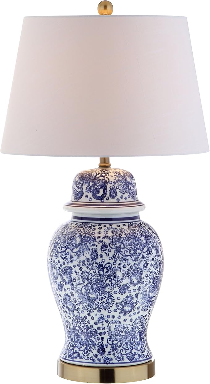 JONATHAN Y 29.5" Blue/White Ceramic Table Lamp for Living Room and Office, White Linen Drum Shade, Traditional Chinoiserie Ginger Jar Lamp, LED Bulb Included JYL3008A
