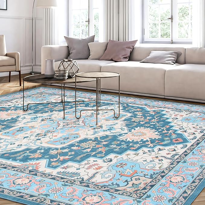 WILLSUN Washable Area Rugs, 8x10 Non-Slip Boho Large Area Rugs for Living Room, Bedroom, Machine Washable Vintage Rug, Indoor Floral Print Carpet for Home Decor, Kid & Pet Friendly Mat