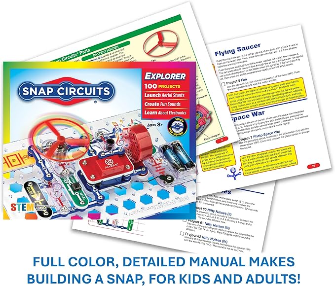 Snap Circuits Jr. SC-100 Electronics Exploration Kit, Over 100 Projects, Full Color Project Manual, 28 Parts, STEM Educational Toy for Kids 8 +