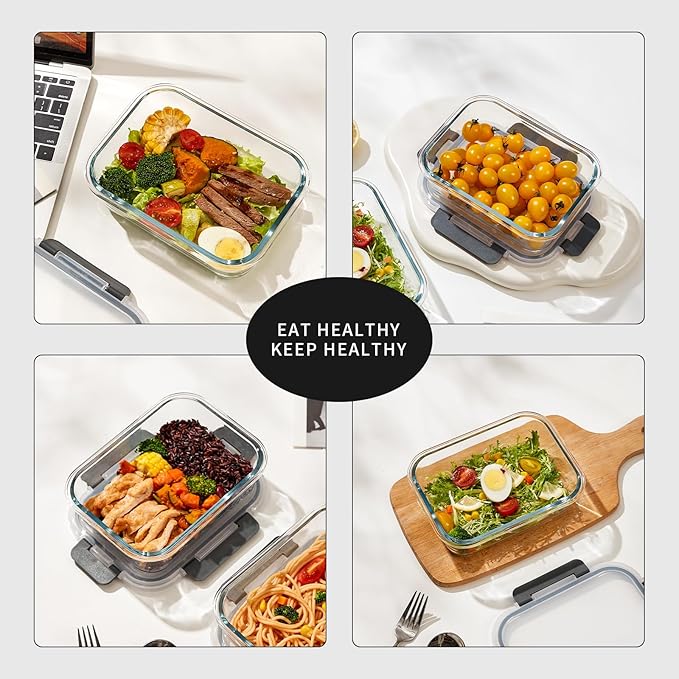 Wancilock 10 Pack 22 oz Glass Meal Prep Containers, Glass Food Storage Containers with Lids, Reusable Airtight Leakproof Lunch Bento Boxes Freezer, Microwave Oven and Dishwasher, Gray