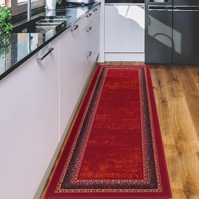 Antep Rugs Alfombras Bordered Modern 2x7 Non-Slip (Non-Skid) Low Pile Rubber Backing Indoor Area Runner Rug (Maroon Red, 2' x 7')