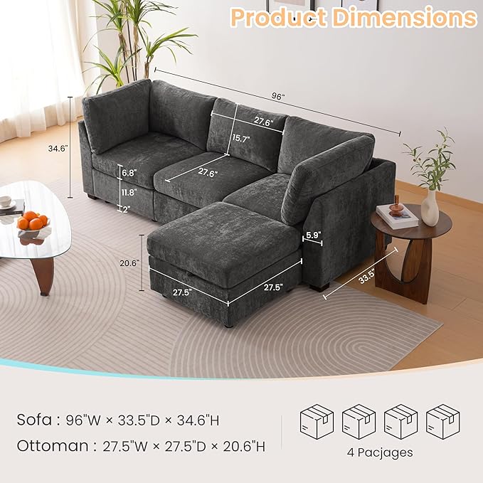 TEKAMON 96" Modular Sectional Sofa with Ottoman,Large Comfy Cloud 3-Seat Deep Seat, Reversible Chaise Modular Sectional Couches for Living Room and Apartmenr,Grey