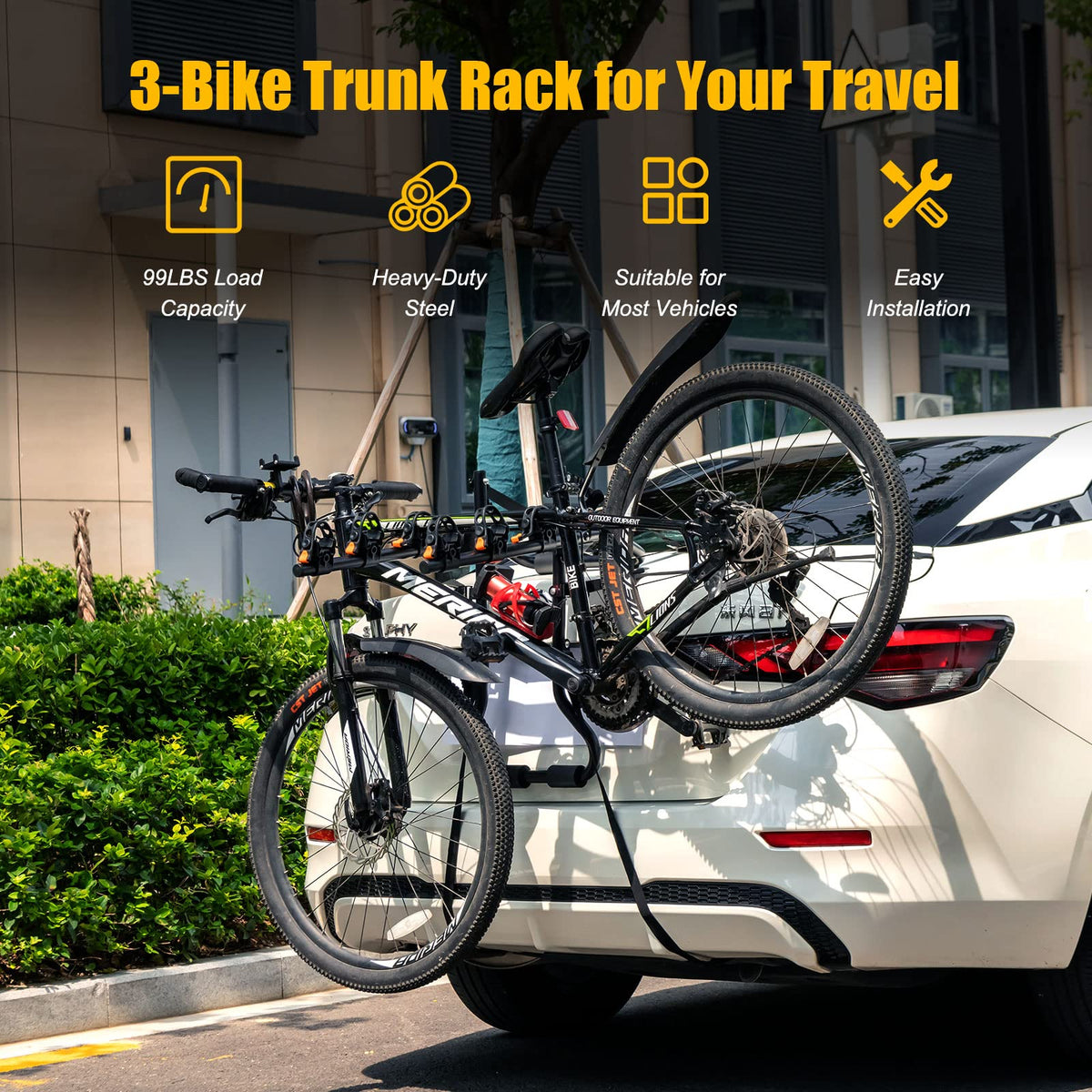 GYMAX Bike Rack, Trunk Mounted 3 Hitch Rack with 2”Receiver & Double Safety Guarantee, Folding Heavy Duty Adjustable Bicycle for Cars, Trucks, SUV's and Minivans Black