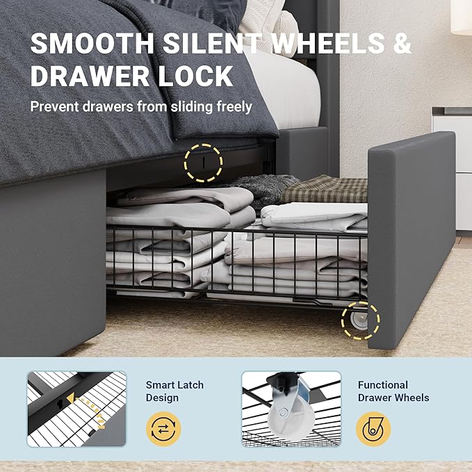 Allewie King Size Velvet Bed Frame with 3 Storage Drawers, Upholstered Platform Bed with Wingback Storage Headboard and USB Ports, No Box Spring Needed, Easy Assembly, Grey