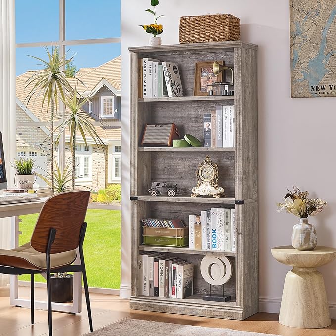 70" Grey Tall Bookshelf,5-Tier Thick Wooden Book Shelf with Adjustable Shelves,Free Standing Farmhouse Bookcase with Open Display Storage,Floor Vintage Bookshelves for Living Room,Office