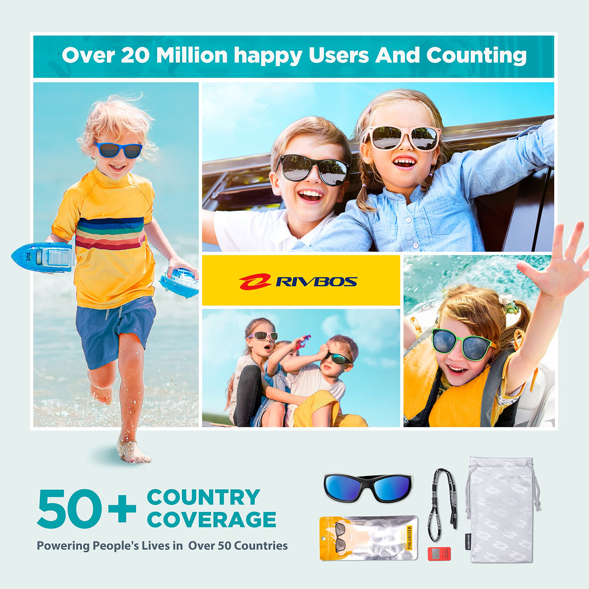 RIVBOS Kids Sunglasses Polarized UV Protection Flexible Rubber Glasses Shades with Strap for Boys Girls RBK037-Black Blue Iced Lens