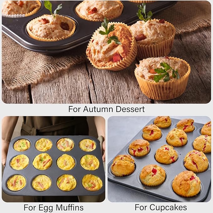 ATZNZIK 4 Pack Muffin Pan for Baking, Standard Cupcake Pan with 200 Natural Cupcake Liners, Muffin Tin Nonstick 12 Cup, Carbon Steel Muffin Cupcake Tary Baking Supplies