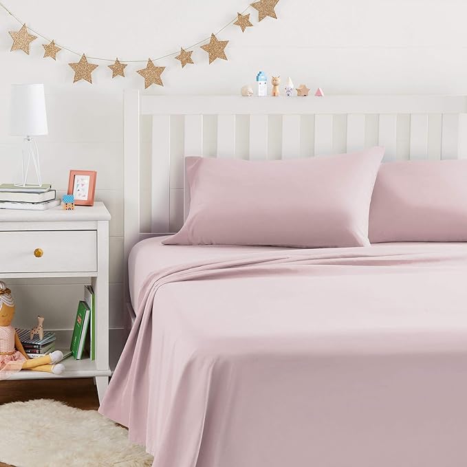Amazon Basics Kid's Soft Easy-Wash Lightweight Microfiber 4-Piece Sheet Set, Full, Light Pink, Solid