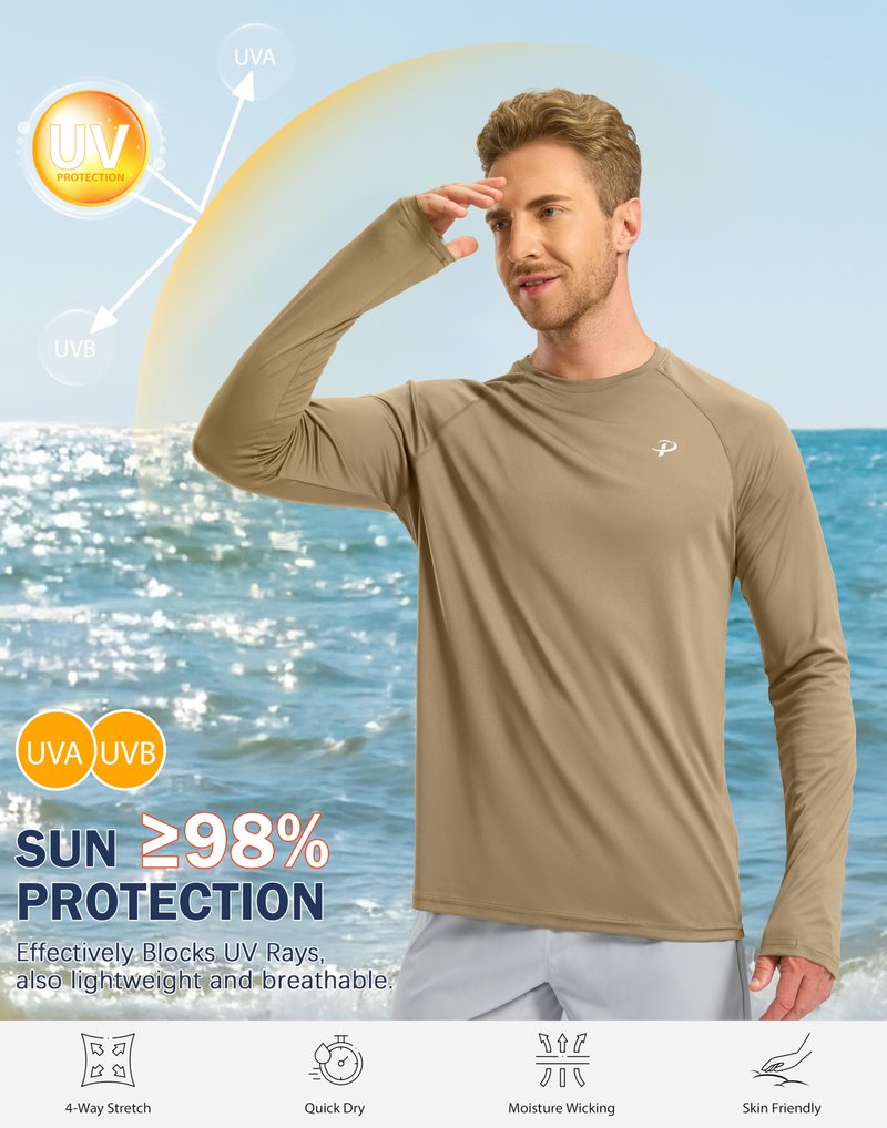 Pudolla Mens Long Sleeve Running Shirts Quick Dry SPF Rash Guard Lightweight Hiking Workout Sun Protection Tee(Khaki L)