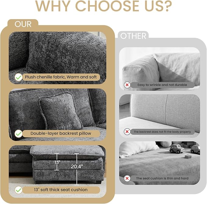 76.2" Modular Sectional Sofa with Movable Ottoman, Deep Seat couches for Living Room, 2 Seater Loveseat Sofa, L Shaped Comfy Cloud Couch with Removable Cover, Armrest Pillow (Grey)