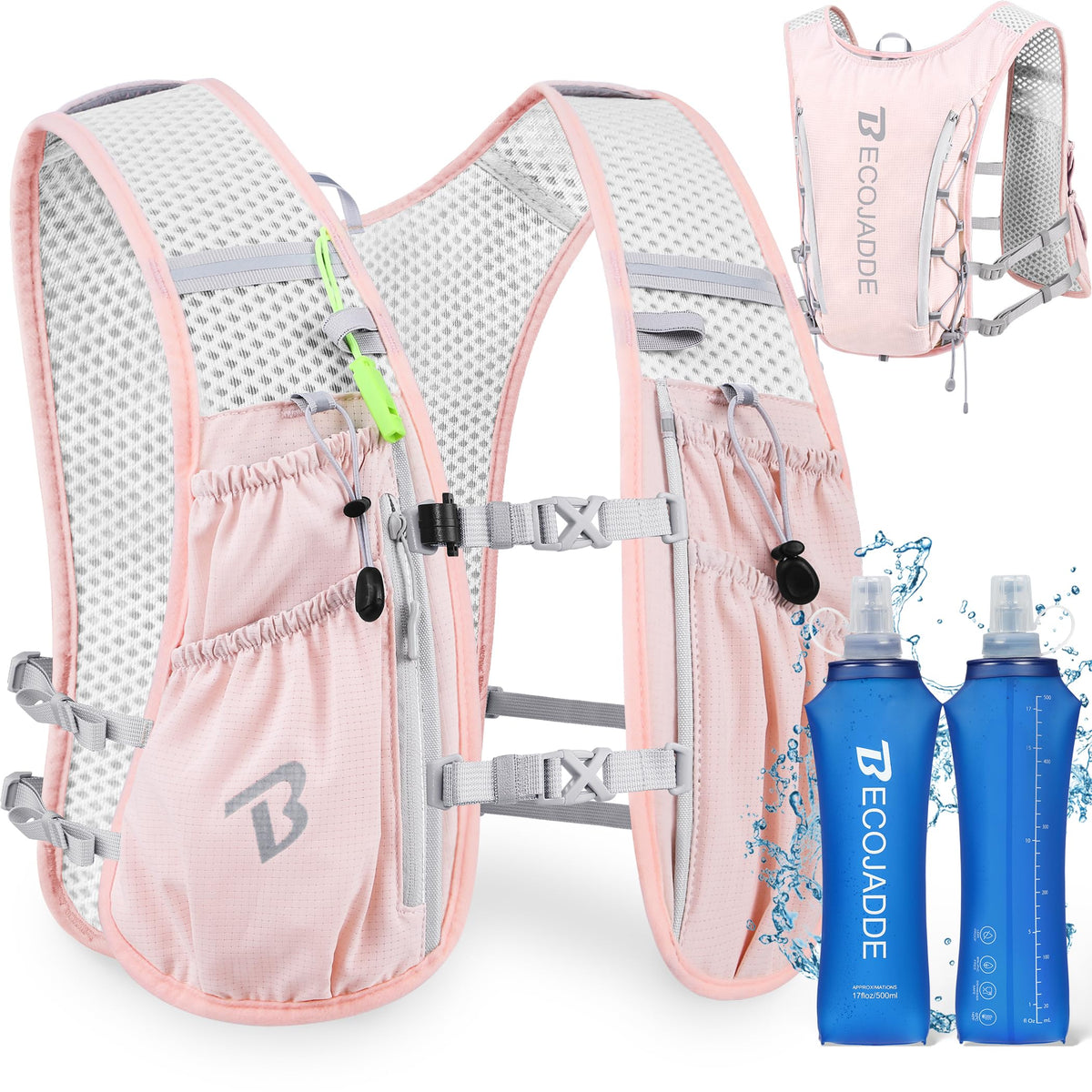 BECOJADDE Running Vest Hydration Backpack with Two 500ML Soft Water Bottles for Men Women, 5L Lightweight Running Pack Hydration for Marathon, Trail, Cycling, Hiking, Jogging Pink