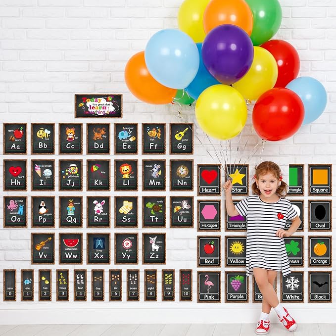 58 Pieces Educational Preschool Cards Kids Early Learning Poster Alphabet Number Colors and Shapes Bulletin Board Decoration Kindergarten Classroom Learning Card with Glue Point Dot (Stylish Style)