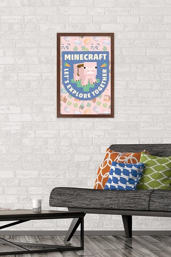 Trends International Minecraft - Let's Explore Together Wall Poster, 22.4L x 14.7W, Mahogany Framed Version