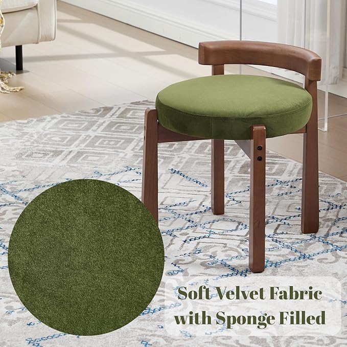 DUOMAY Modern Velvet Vanity Stools Set of 2, Upholstered Low Back Ottomans with Solid Wood Legs Cute Round Footrest Makeup Stools Dressing Seat for Living Room Bedroom, Green