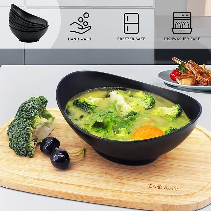 Oval Salad Bowls 34oz, Bamboo Fiber Serving Bowls Set of 6, 8.8" Large Bowls for Kitchen Eating & Restaurant, Deep Soup Bowls Set for Salad, Fruit,Pasta,Vegetable, Ramen, Dishwasher Safe, Black