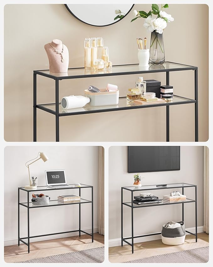 VASAGLE 39.4 Inch Console Sofa Table, Modern Entryway Table, Tempered Glass Table, Metal Frame, 2 Shelves, Adjustable Feet, for Living Room, Hallway, Black ULGT025B01