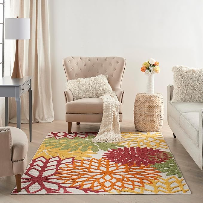 Nourison Aloha Indoor/Outdoor Red Multi Colored 6' x 9' Area Rug, Tropical, Botanical, Easy Cleaning, Non Shedding, Bed Room, Living Room, Dining Room, Deck, Backyard, Patio (6x9)