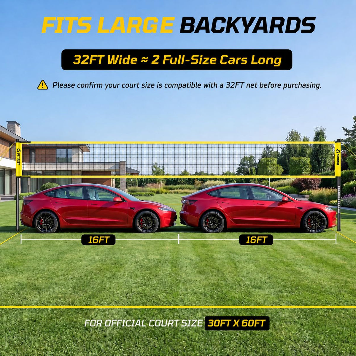 Outdoor Volleyball Net System, 32FT Regulation Size Anti-Sag Net, Quick Setup Adjustable Height Poles, Volleyball Set with Pump, Boundary Line and Carry Bag for Backyard Beach Lawn