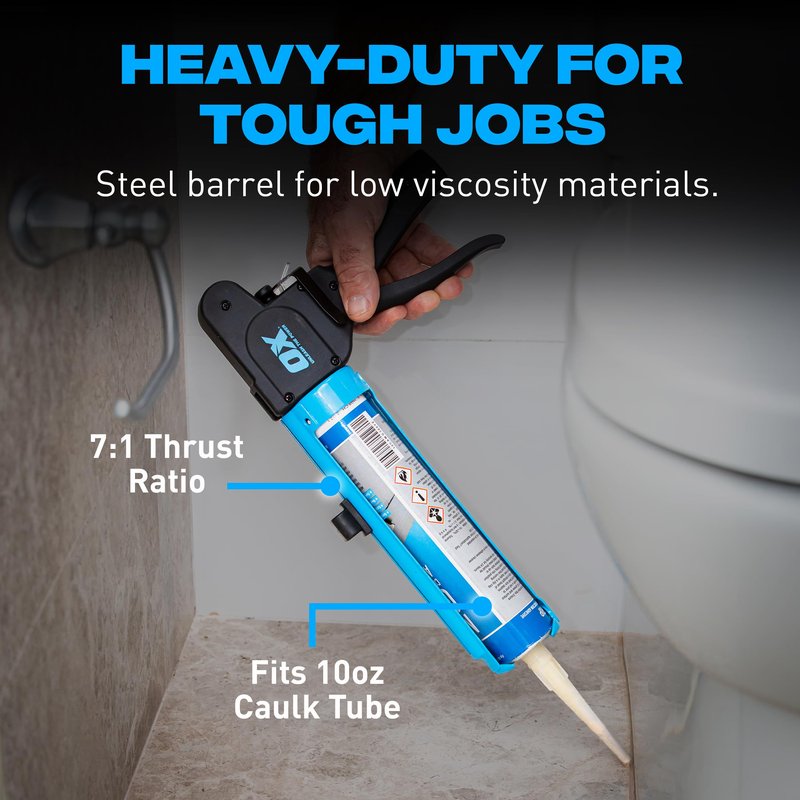 OX Pro Compact Caulk Gun - 10 oz Rodless Manual Caulking Gun Tool - 7:1 Thrust Ratio Designed for Tight Spaces, Includes Belt Clip - Pistola De Silicona