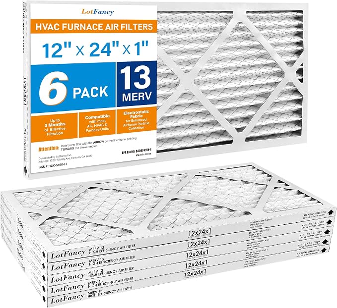 LotFancy 12x24x1 Air Filter MERV 13 6-Pack, Electrostatic Pleated HVAC Furnace