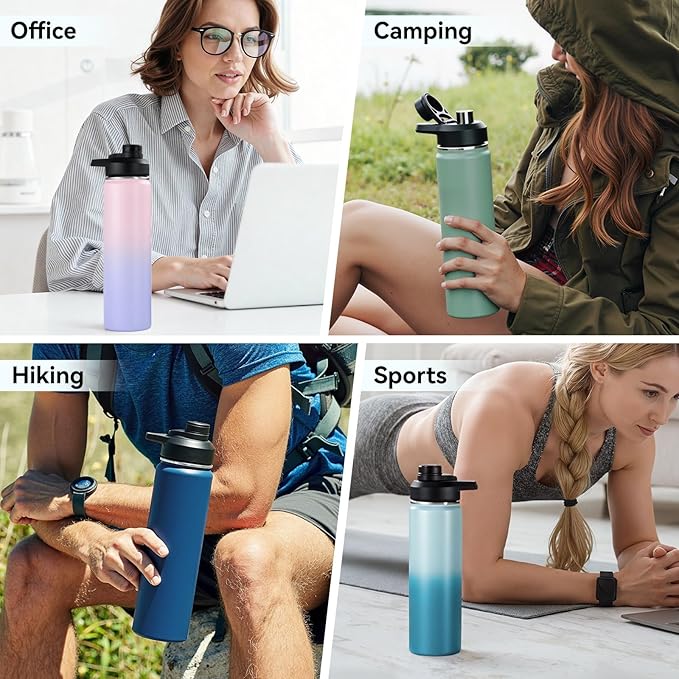 24 oz Insulated Water Bottle with Handle, 309 Stainless Steel Water Bottles with Wide Mouth, Double Wall Vacuum Sports Water Bottle, BPA Free, Keep Cold and Hot, Pink/Purple