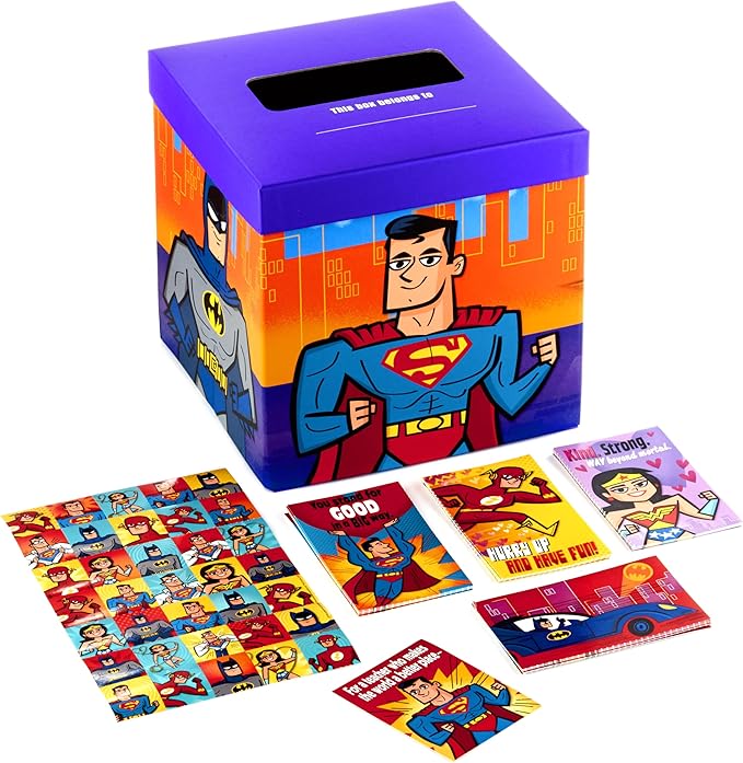 Hallmark Justice League Valentines Day Cards and Mailbox for Kids School Classroom Exchange (1 Box, 32 Valentine Cards, 35 Stickers, 1 Teacher Card)