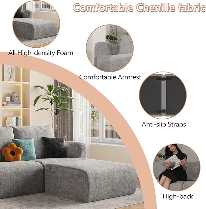 EASE MOOSE Oversized Sectional Cloud Couch, 9-Seat Modular Boneless Sofa Set with Deep Seat, No-Assembly Chenille Sofa for Living Room, Light Grey