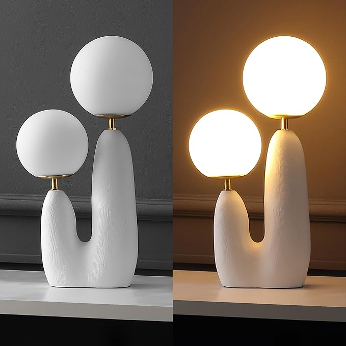 JONATHAN Y 17.75" White/Brass Gold Modern Bohemian Danish Cactus LED Table Lamp, 2-Light Mid-Century Minimalist Desk Light for Bedroom Living Room, Frosted Glass Globe Shades (JYL4065B)