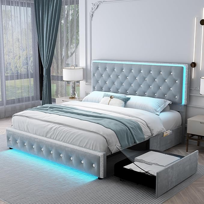 King Led Bed Frame with 2 Drawers, Upholstered Storage Platform Bed Frames with Crystal Button Tufted Headboard, Solid Slats Support, Noise Free, No Box Spring Needed, Velvet Grey