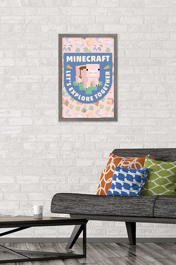 Trends International Minecraft - Let's Explore Together Wall Poster, 22.4L x 14.7W, Barnwood Framed Version