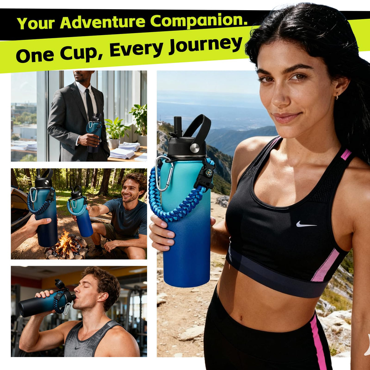 1/2 Gallon Water Bottle Insulated - Keep Cold 48H, with Carrier Pouch, Straw & Auto Spout Lid, Paracord Handle & Protective Boot, 64oz Water Jug Half Gallon Stainless Steel Flask Set