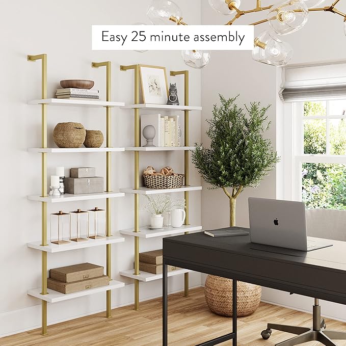 Nathan James Theo 5-Shelf Gold, Ladder Bookcase with Gold/Brass Metal Frame, White, Set of 4