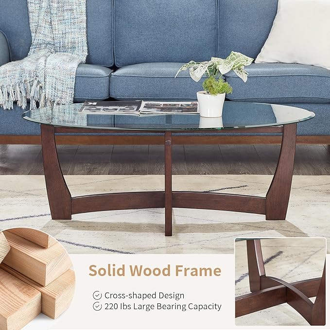 LKTART 48" Oval Glass Coffee Table with Tempered Glass Top Cross and Solid Wood Base Simple & Modern Center Table for Living Room Office Apartment Cherry
