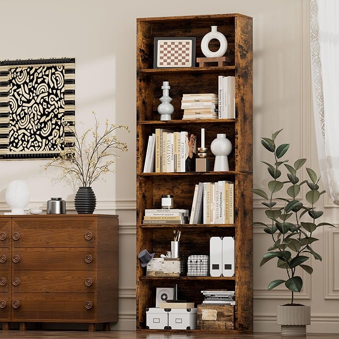 JAMFLY Narrow Tall Bookshelf 6 Shelf Bookcase Vertical Storage, Slim Profile Tall Narrow Storage Unit for Home Office, Living Room, Bedroom, Vintage Brown, Set of 2