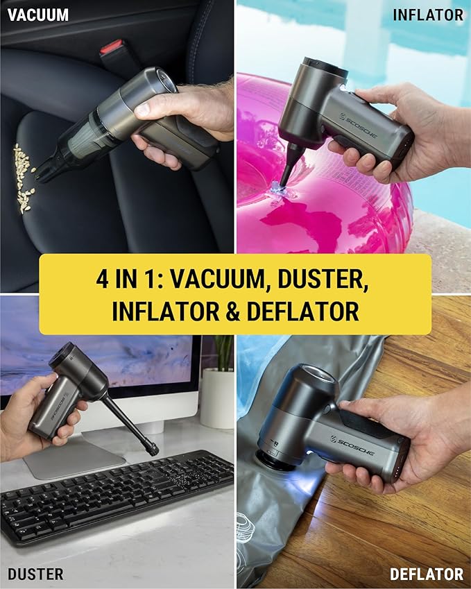 Scosche SCOVAC 4-in-1 Cordless Handheld Vacuum Cleaner with Inflator, Deflator & Air Duster, Small, High Power, Rechargeable and Portable Hand Held Vacuum for Car, Home, Office, Pet Hair