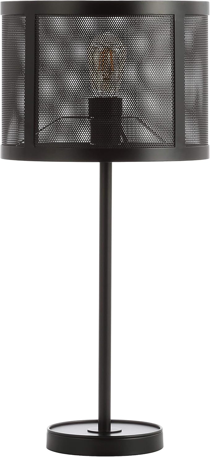 JONATHAN Y 25" Black Minimalist Metal LED Table Lamp, Modern Industrial Iron Desk Lamp for Living Room Bedroom, Round Metal Screen Drum Shade, LED Bulb Included JYL1102A