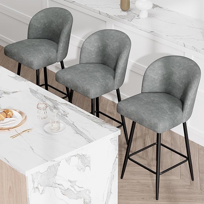 Counter Height Bar Stools Set of 2,360° Swivel Barstools with High Back and Metal Legs,26" Seat Height, Upholstered PU Leather Bar Chairs for Kitchen Island, Dining Room,Cafes,Grey
