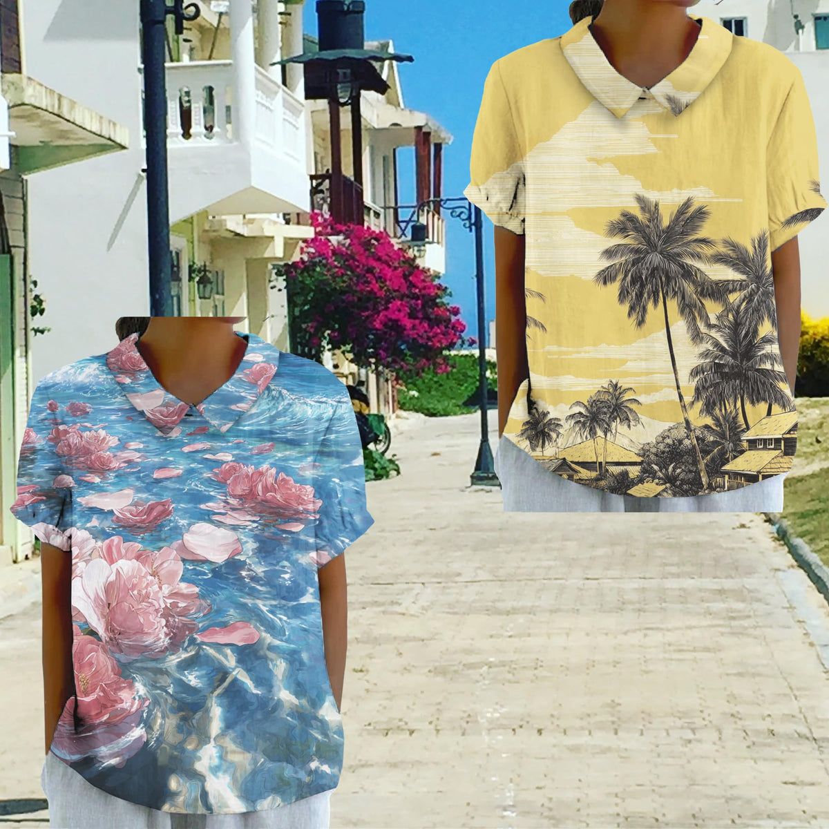 Summer Hawaiian Style Casual Shirts for Women Comfy Lightweight Short Sleeve Tee Flowy Collared Neck Trendy Top
