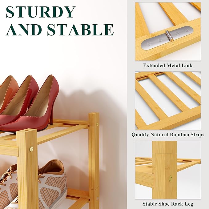 Smiry Shoe Rack, 3 Tier Bamboo Shoe Organizer, Stackable Free Standing Wooden Shoe Storage Shelf for Closet, Entryway, Front Door Entrance, Natural
