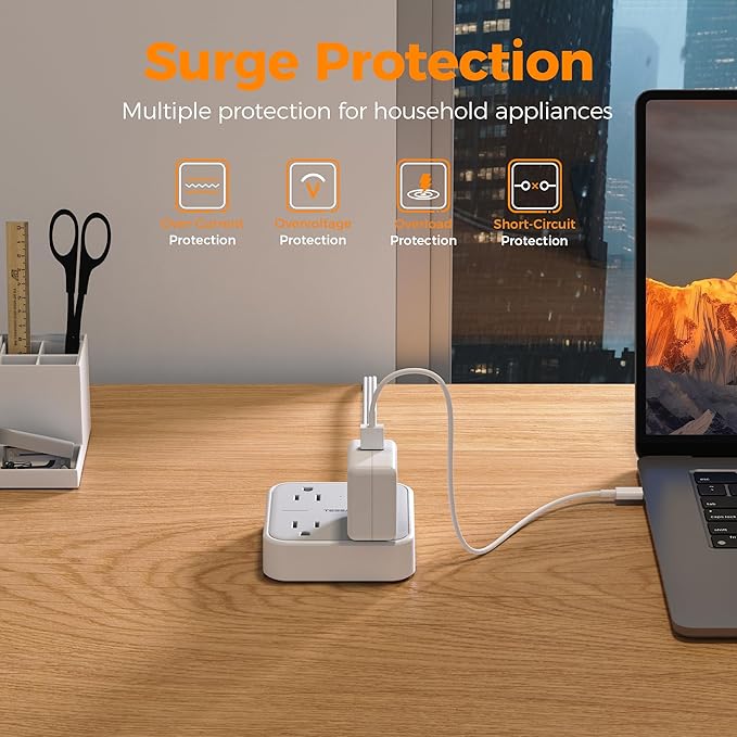 Extension Cord with Multiple Outlets 5 FT, TESSAN Small Flat Plug Power Strip with 3 USB (1 USB C) and 3 AC, Surge Protector Charging Station for Office, School, Dorm Room Essentials, White