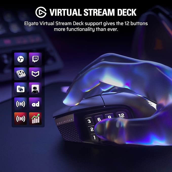 Corsair Scimitar Elite Wireless SE MMO PC Gaming Mouse – 33,000 DPI, 16 Programmable Buttons, Key Slider, Elgato Virtual Stream Deck, 1,000Hz Polling, Up to 150-Hour Battery – Gunmetal