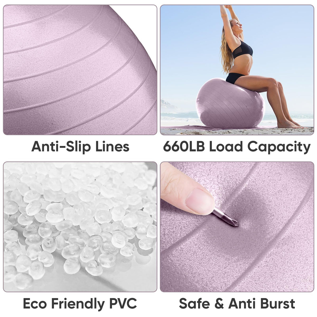 APEXUP Yoga Ball, 660 lbs Anti-Burst Exercise Ball with Pump, 5 Sizes (L (23"~26") 65cm, Mauve)