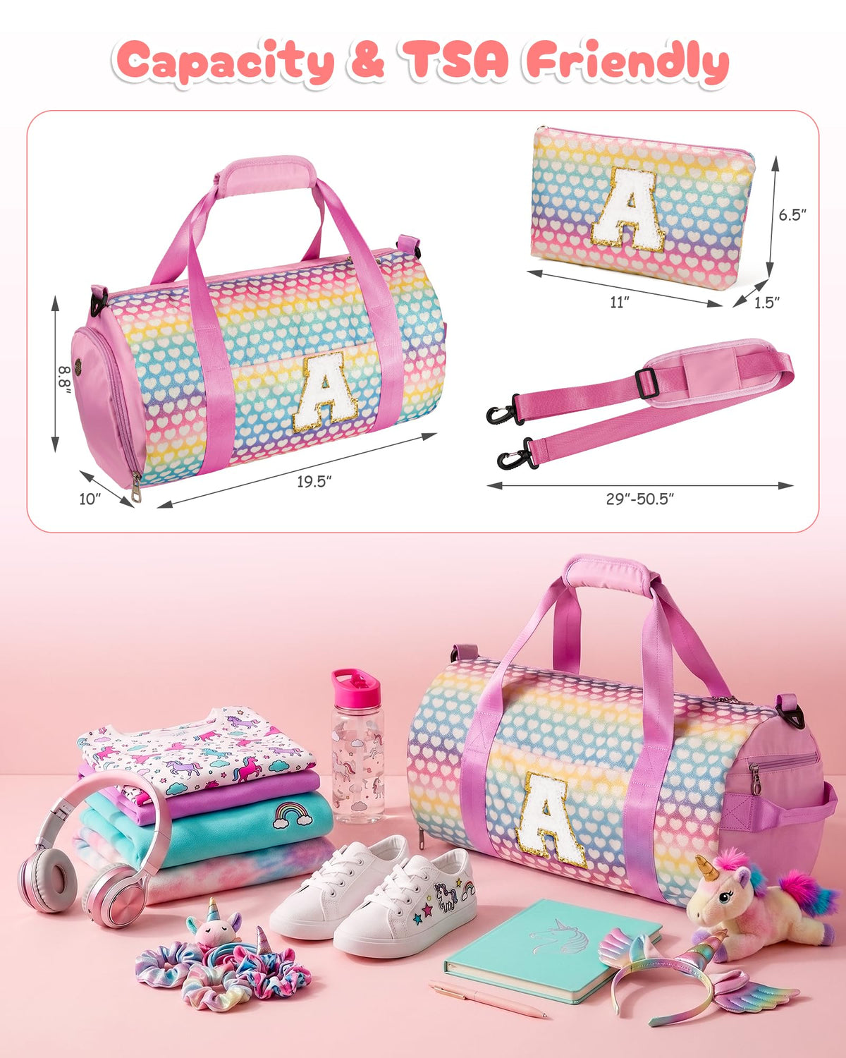 Vogewood Customed Birthday Gifts, Girls Travel Duffle Bag with Makeup Pouch, Initial Kids Overnight Bag with Shoe Compartment, Personalized Ballet Dance Bag for Grandkids (Letter E)