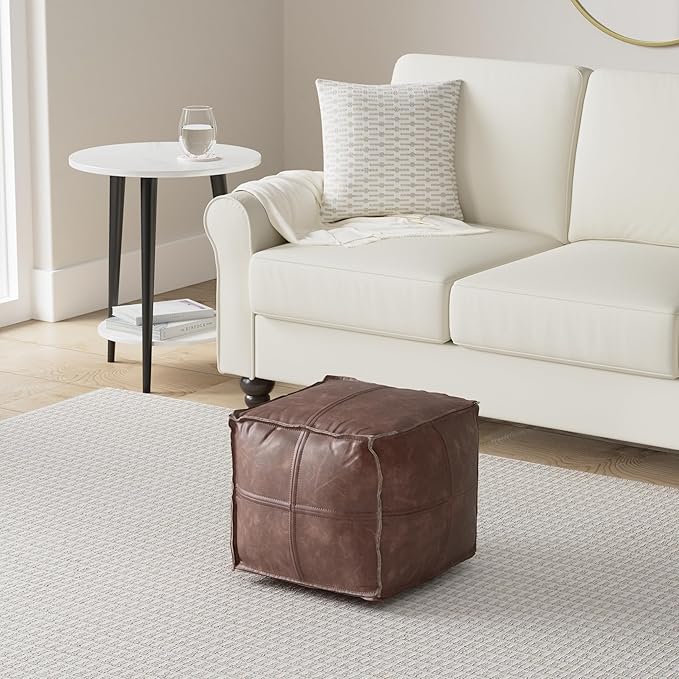 SIMPLIHOME Sheffield Square Pouf - 18 inch Wide Genuine Leather Ottoman in Brown, Boho-Style Footrest, Extra Seating, or Accent Piece for Living Room or Bedroom, Assembled