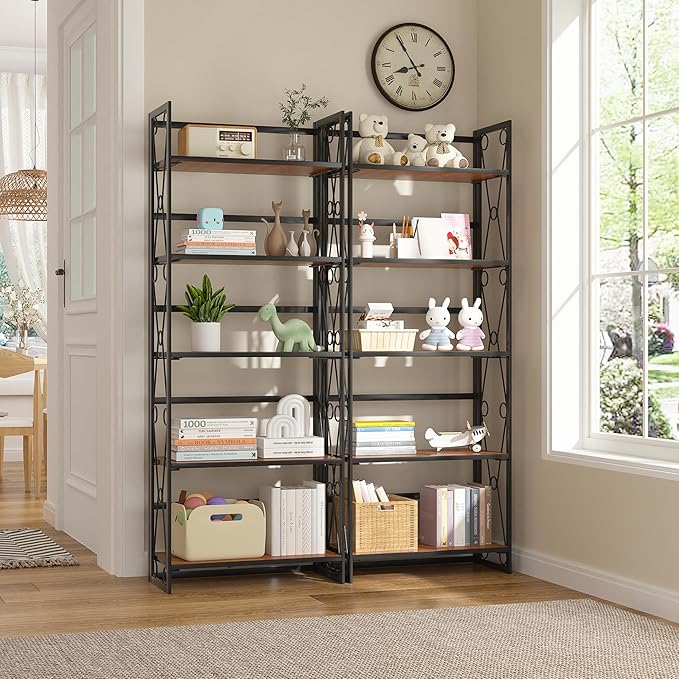 VECELO Folding Bookshelf,5 Shelf Bookcase No Assembly, Industrial Metal Frame Book Shelves Organizer for Living Room, Office,Brown, 2 Set