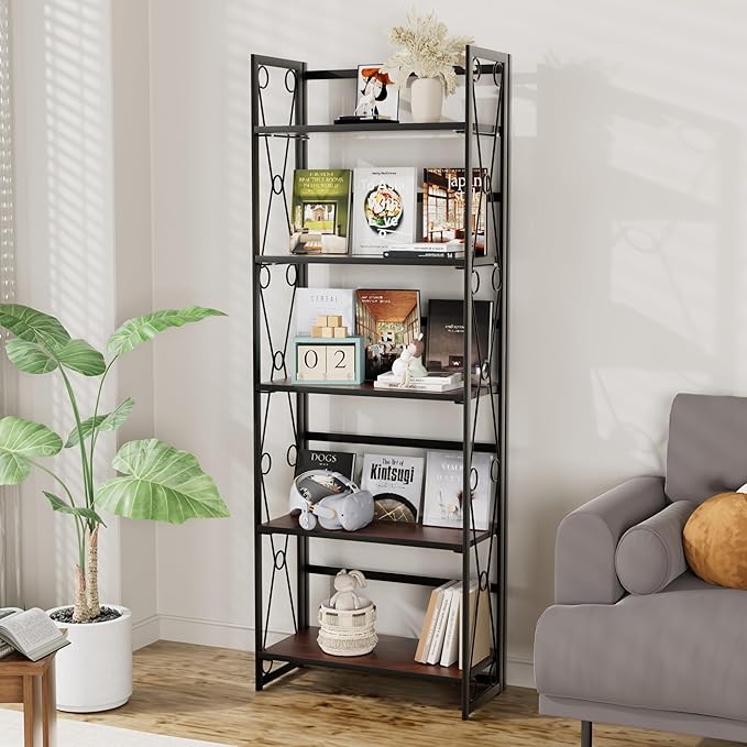 VECELO Folding Bookshelf,5 Shelf Bookcase No Assembly, Industrial Metal Frame Book Shelves Organizer for Living Room, Office,Brown, 2 Set