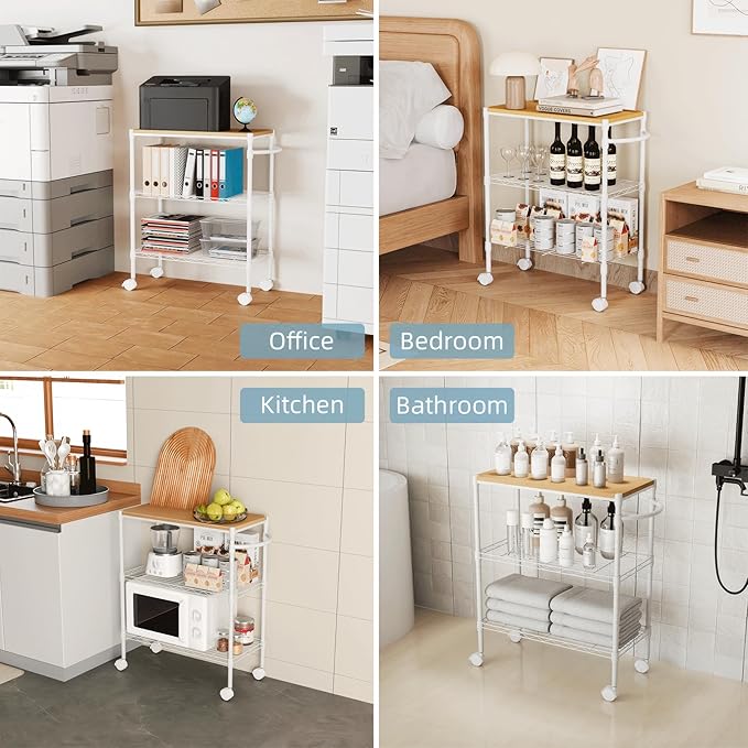 Whitmor 3 Tier Rolling Kitchen Cart,27.6"x10"x21.7”Heavy Duty Metal Storage Cart with Wheels, Adjustable Shelves, Lockable Utility Cart with Wood Top & Portable Handle for Indoor & Outdoor Use, White