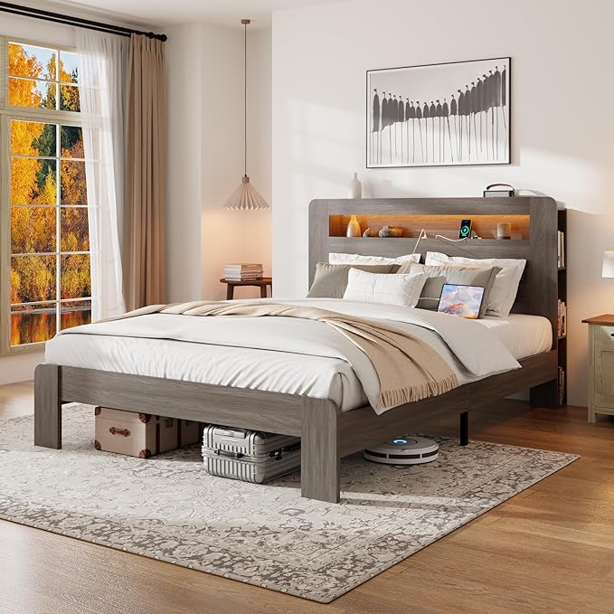 Wood Full Size Bed Frame with Headboard, Farmhouse Platform Bed Frame with Bookcase Shelf,LED Lights,Charging Station,Heavy Duty Supports,No Box Spring Needed,Dark Grey